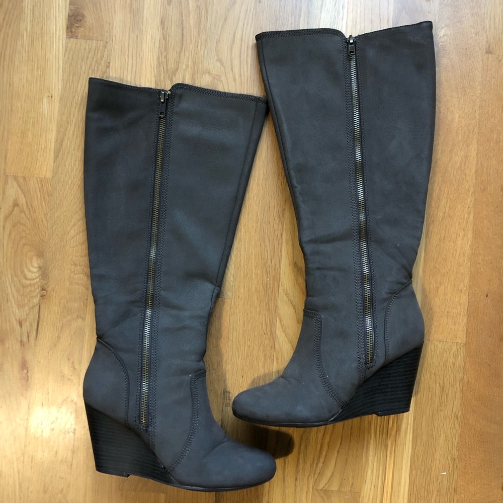 Fergalicious wide calf suede knee-high wedge boots